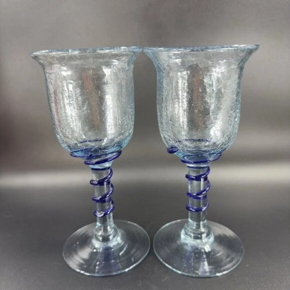Hand‎ Blown Crackle Glass Goblet Drinking Glasses Set 2 Clear Blue Swirl Goblets